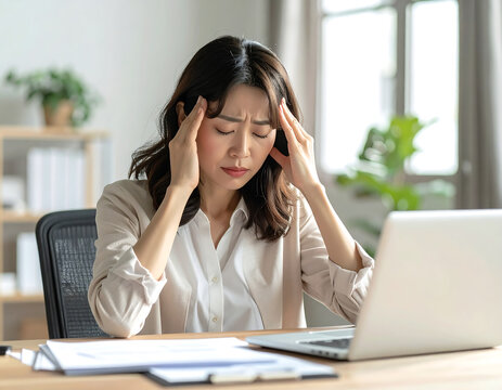 Stressed young woman suffering from a headache while working at her office desk with a laptop