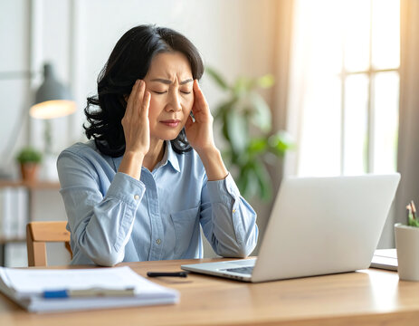 Stressed Asian woman feeling a headache while working on a laptop at her home office desk