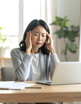 Stressed woman sitting at a desk with a laptop experiencing a painful tension headache at work