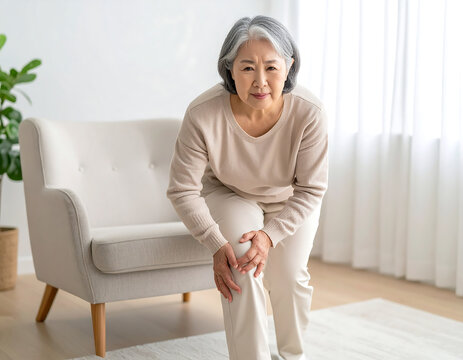 Senior woman with gray hair experiencing knee pain while standing in a bright living room area