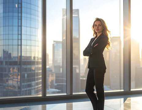 Confident businesswoman standing in a modern office with a panoramic view of the city skyline