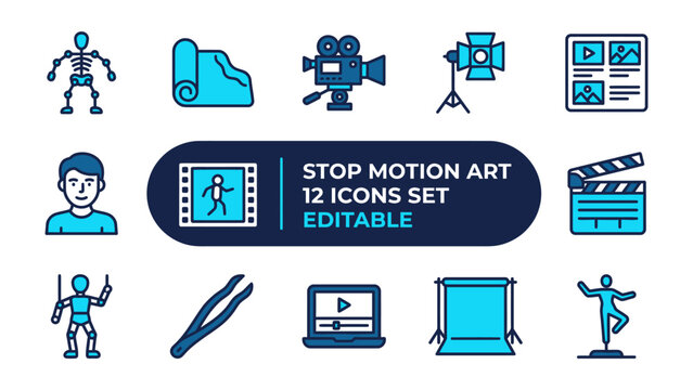 Stop Motion Art Icon Set: A collection of 12 editable icons representing various elements of stop motion animation, including figures, cameras, lighting, and editing tools, all presented in a clean.