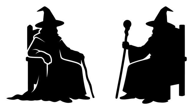 Silhouette of two fantasy wizards sitting on thrones isolated on a white background for gaming design