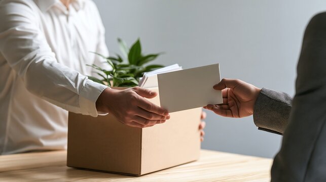 A person in a white shirt hands a white envelope to a colleague across a wooden desk with a cardboard box containing office and a plant