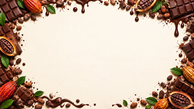 Chocolate and cocoa beans frame border with liquid splash dark chocolate bars and copy space top view illustration