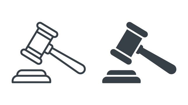 Legal judge gavel vector graphic illustration featuring black outline styles for courtroom concepts