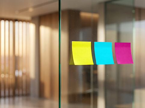Brightly colored sticky notes attached to a modern office glass partition, adding a pop of color and organization
