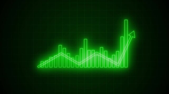 Neon-style histogram chart on black background with glowing edges, rising bars peaking mid-left then descending animation