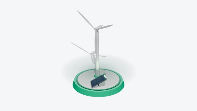3d animated model showing white wind turbine rotating near blue solar panel on green circular platform generating clean renewable power isolated within simple bright space