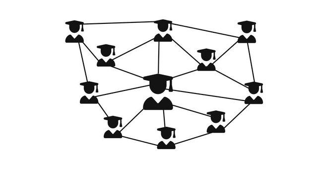 Network of connected graduation-cap silhouettes forming nodes and links representing a learning community animation