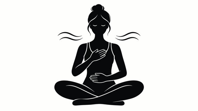 Meditating woman in lotus pose with flowing energy lines symbolizing mindfulness, inner peace, yoga, breathing, balance, relaxation, and holistic wellness