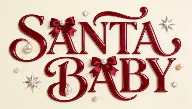 Santa baby holiday typography christmas greeting card design with red glossy lettering and elegant pearl ornaments on a soft cream background