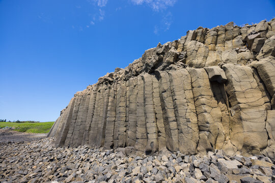 Penghu rocky shore with vertical basalt rock columns