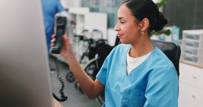 Medical, computer and nurse on telephone call for appointment, schedule or referral information. Tech, happy woman and talking to contact at clinic reception for admin, healthcare booking and bye