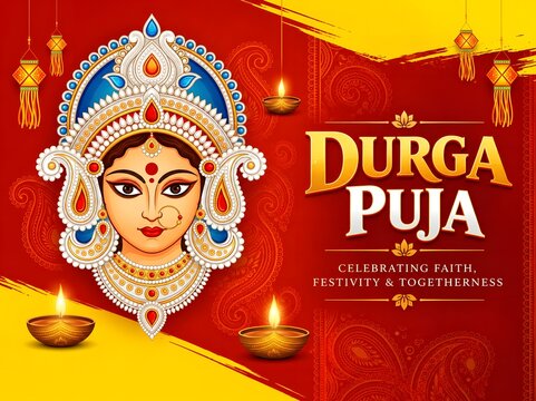 Vibrant Durga Puja Celebration Featuring Intricately Adorned Goddess Headpiece with Blue and Gold Accents, Diya Lamps, and Festive