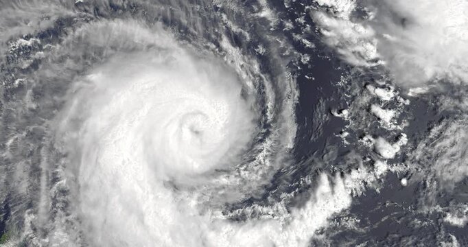 Flying above cyclone above ocean. Weather change, bad weather concept. Camera is moving left and up. Animation based on image by NASA