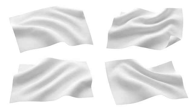 Set of four blank white waving fabric flags isolated on transparent background