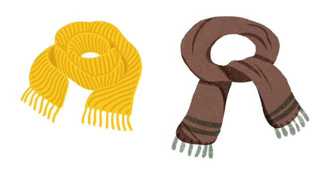 Cozy winter scarf illustration set, knitted yellow wool scarf and brown striped neck scarf, warm seasonal fashion vector