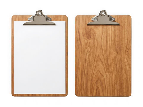 Two wooden clipboards with metal clips and a blank white paper sheet for notes isolated on a transparent background isolated on transparent background