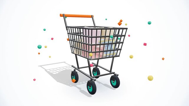 Polished 3d animated shopping cart filled with colorful wrapped packages rotates dynamically while bright spheres float playfully on clean white surface