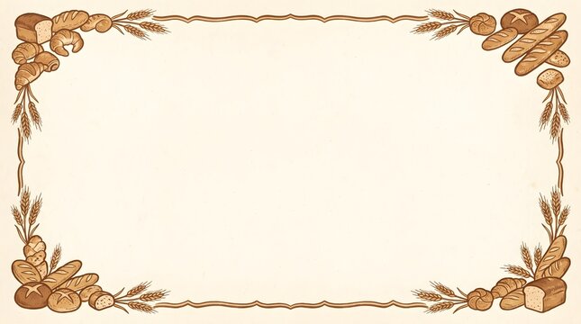 Rectangular decorative frame border featuring fresh bakery goods like bread and wheat stalks in the corners illustration decoration stationery