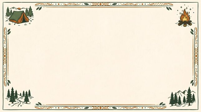 Detailed rectangular frame border featuring camping elements including tent bonfire forest landscape in the corners mountain landscape