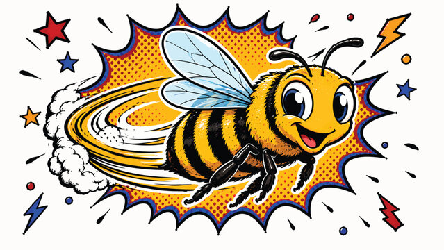 Cute cartoon honeybee flying beside a honeycomb with comic burst, representing pollination, insects, nature, ecology, agriculture, and biodiversity
