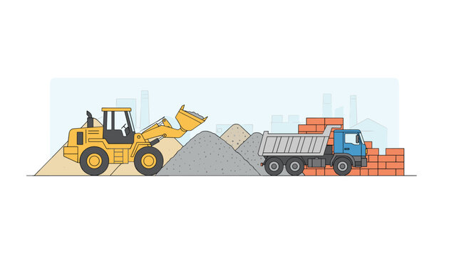 Wheel loader machine pouring gravel into dump truck next to stacked red bricks on construction site.