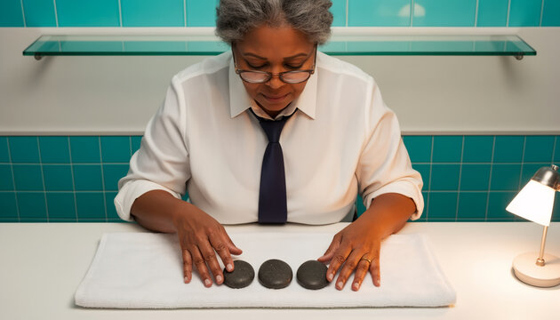 Spa therapist arranging smooth hot basalt massage stones on towel in luxury wellness salon before therapy under soft indoor lighting with top view and copy space