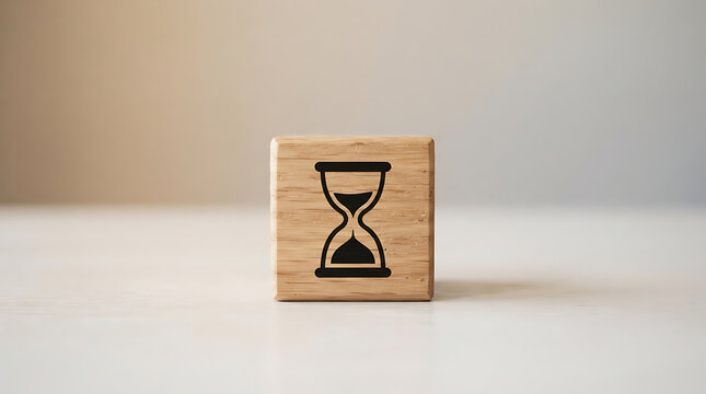 Wooden block with hourglass icon symbol