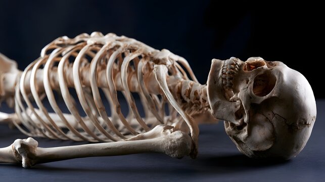 Human skeleton laid out on dark surface  showing ribcage  skull  and upper limb bones in anatomical detail