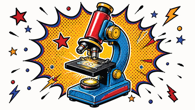 Dynamic cartoon laboratory microscope with colorful comic burst, representing scientific research, biology, medicine, education, discovery, and analysis