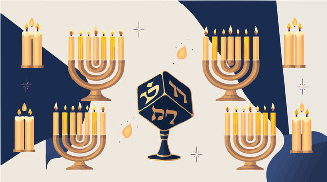Hanukkah vektor with menorahs and dreidel on abstract background