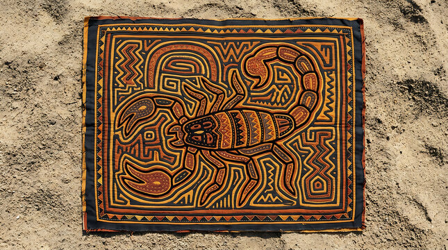 Folk mola scorpion, amber charcoal layered fabric wall art
