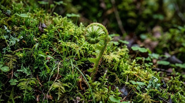 A young green fiddlehead fern sprout closely coiling and rising from a lush mossy ground in the forest.