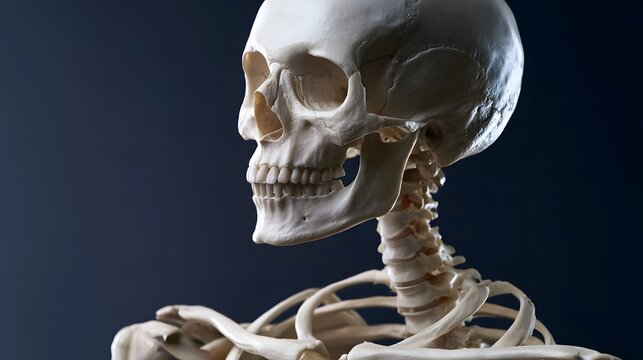 Close up of human skull and upper spine with detailed bone structure against dark background
