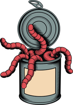 Opened tin can with creepy red worms crawling out for fishing bait or spooky concepts   