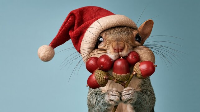 Humorous winter photo: a squirrel stuffing a Santa hat with acorns, cheeks full and looking proud, soft pastel blue background.