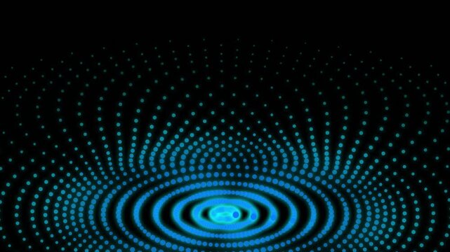 Abstract cyan halftone dot pattern rippling outward in concentric waves on a black background, seamless motion loop.