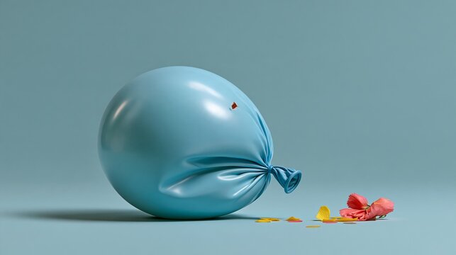 Funny winter photo: a sad deflated balloon with a tiny tear lying on the floor next to a piece of confetti, soft pastel blue background.