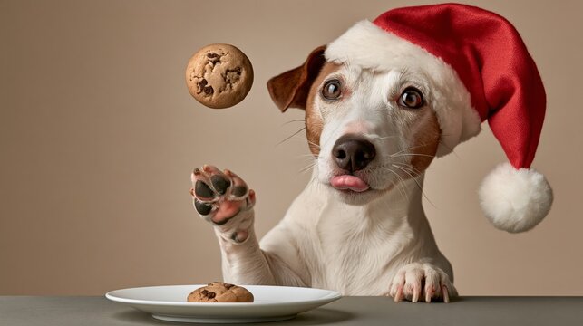 Humorous holiday photo: a dog in a Santa hat caught stealing a cookie from a plate, paw in the air, warm beige background.