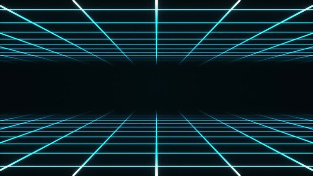 Cyan neon laser grid corridor with retro perspective tunnel