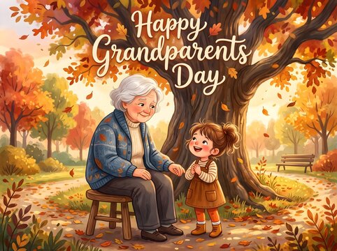 Warm Grandparent Granddaughter Autumn Park Celebration Happy Emotional Watercolor Style Illustration