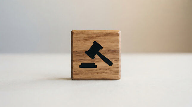 Wooden block with a black law gavel icon