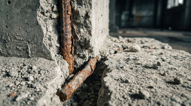 Deteriorating concrete support column with visible cracks and exposed corroded rebar, dust and debris on the surface