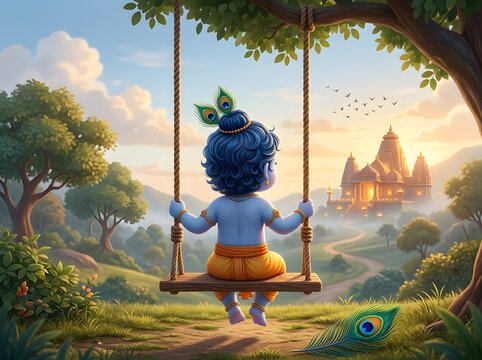 Whimsical Blue-Hued Child Swaying Peacefully on Wooden Swing Amidst Lush Forest and Golden Temple Horizon at Sunset