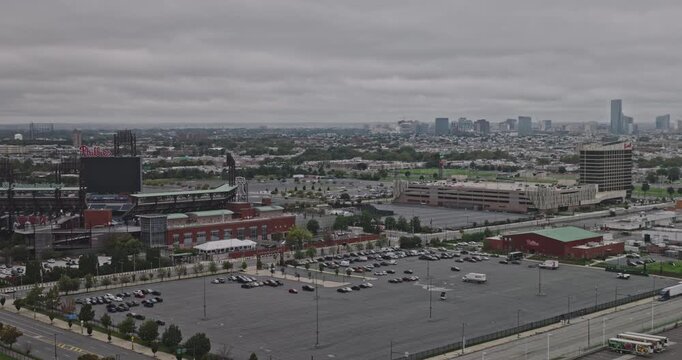 Philadelphia Pennsylvania Aerial v160 flyover Greenwich island capturing Citizens Bank park, birds eye view of empty retro ballpark under overcast sky - Shot with 8k Camera - Sept 29th 2023