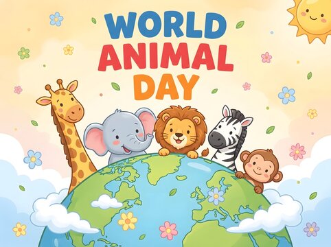 Whimsical Cartoon Animals Celebrating World Animal Day on a Bright, Colorful Globe with Floral Decorations and Sunny Sky