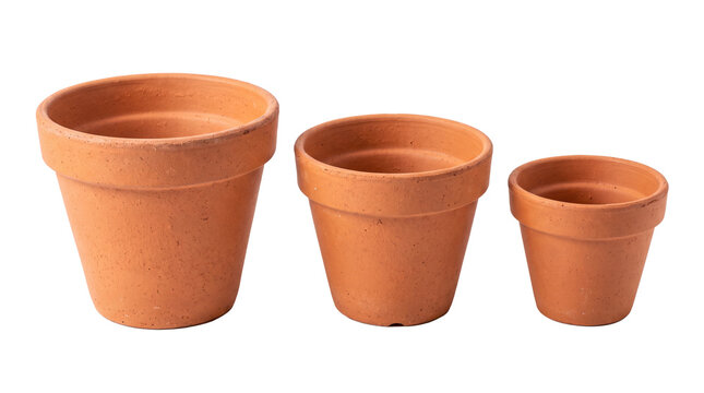 Set of empty terracotta clay flower pots in different sizes isolated on white background