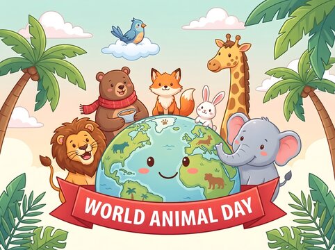 Whimsical Cartoon Animals Celebrating World Animal Day with a Smiling Globe and Tropical Surroundings